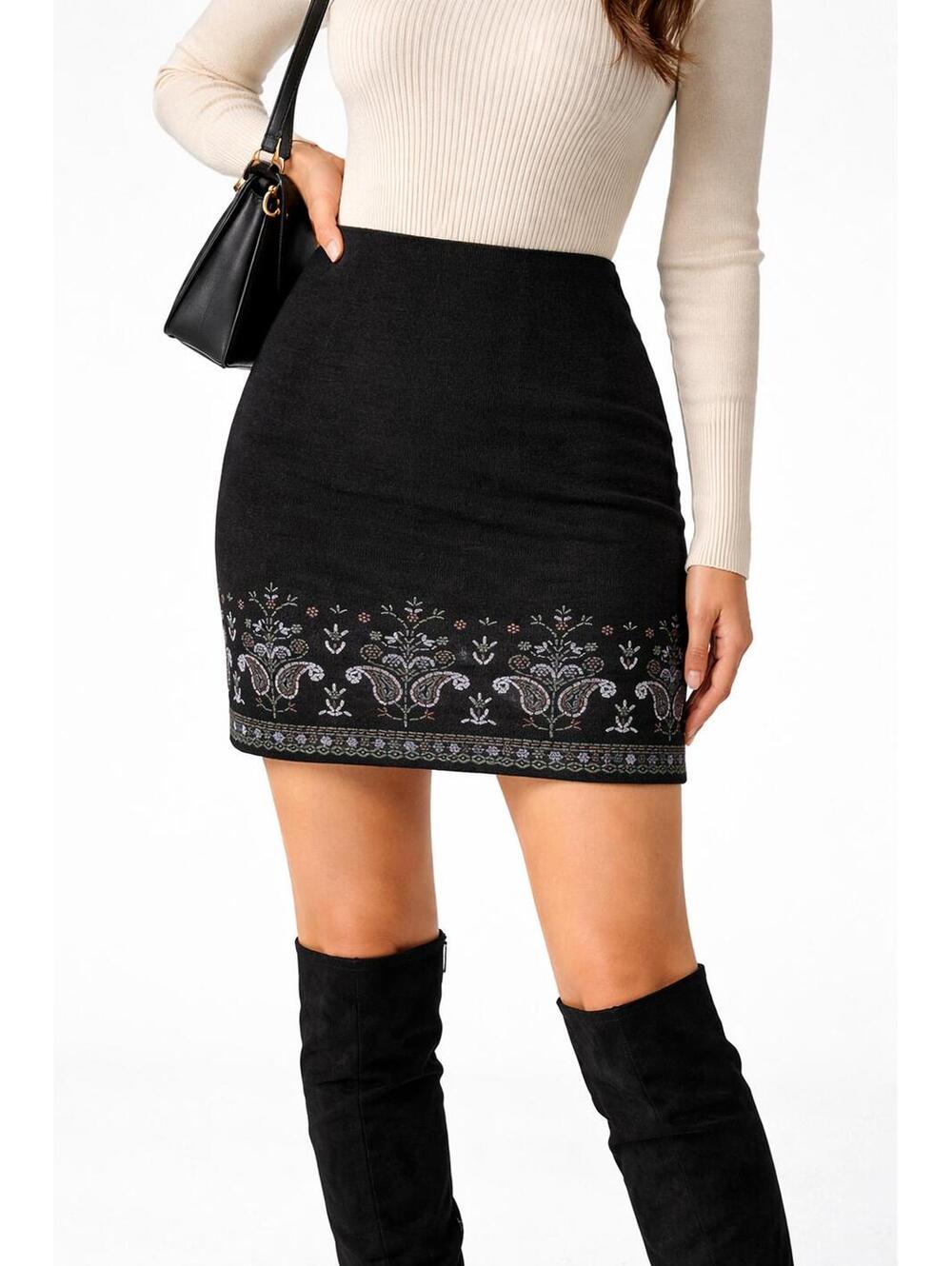 Ecru Vintage Mini Skirt Black Floral Border Knit Stretch Boho Cottagecore Size L